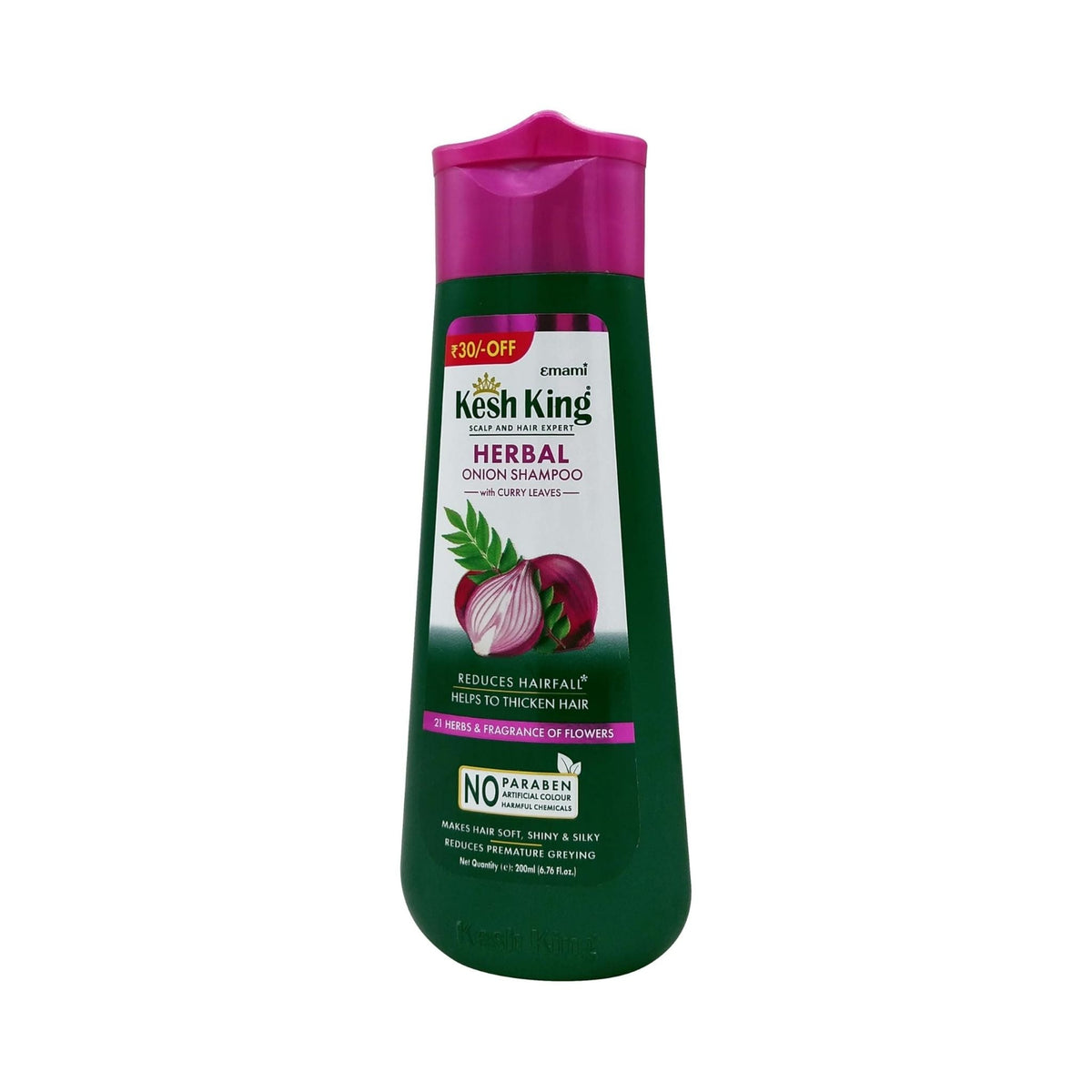 Refect Beauty Kesh King organic onion and curry leaves herbal shampoo bottle in dark green with a pink cap