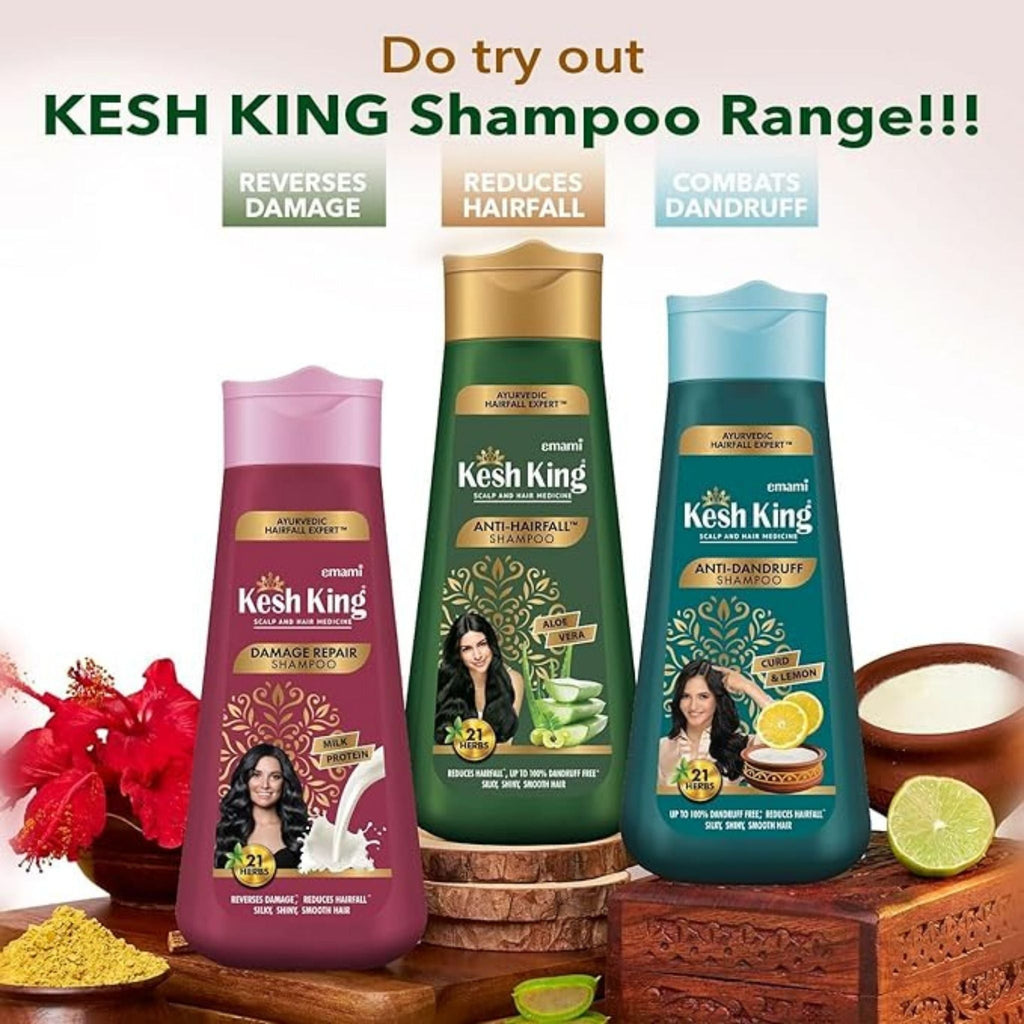 Refect Beauty Kesh King shampoo range featuring Damage Repair, Anti-Hairfall, and Anti-Dandruff bottles with herbal ingredients.