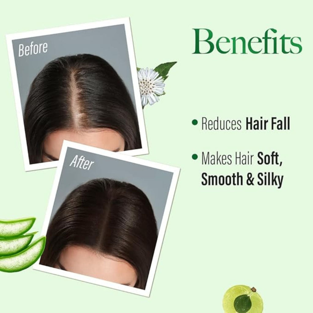 Refect Beauty Kesh King shampoo benefits showing before and after hair results with aloe vera and amla illustrations