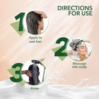 Refect Beauty Kesh King Damage Repair Shampoo usage instructions showing a woman applying, massaging, and rinsing hair