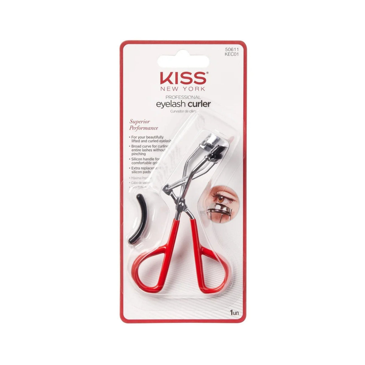 Refect Beauty Kiss Eyelash Curler in stainless steel with red handles and a replacement silicone pad in packaging