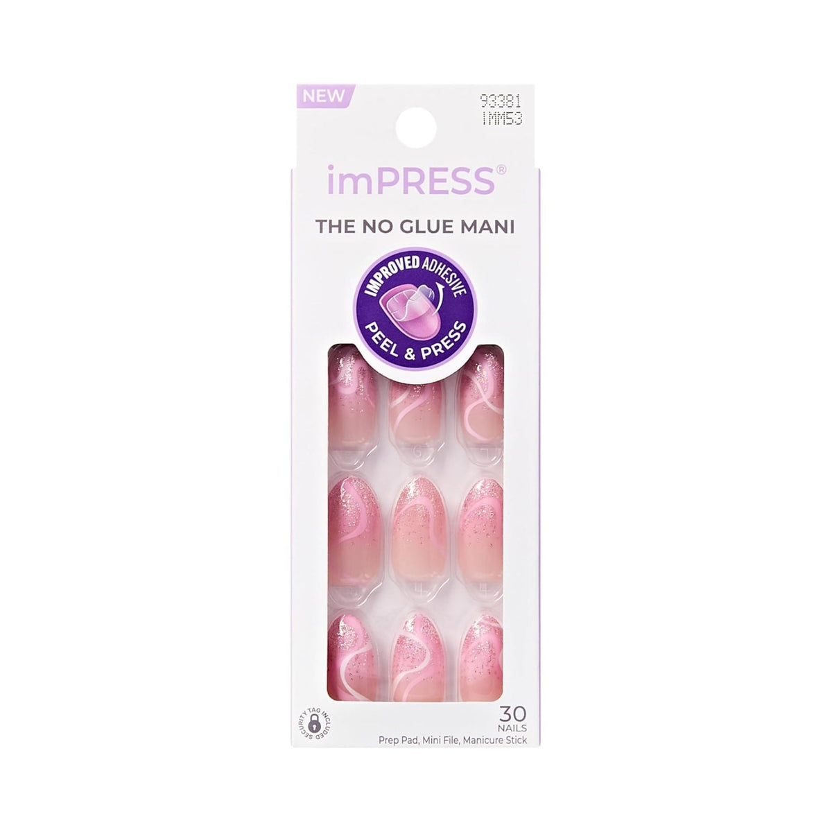 Refect Beauty Kiss imPRESS Wild Venus medium almond press-on nails with pink glitter swirl design and adhesive backing