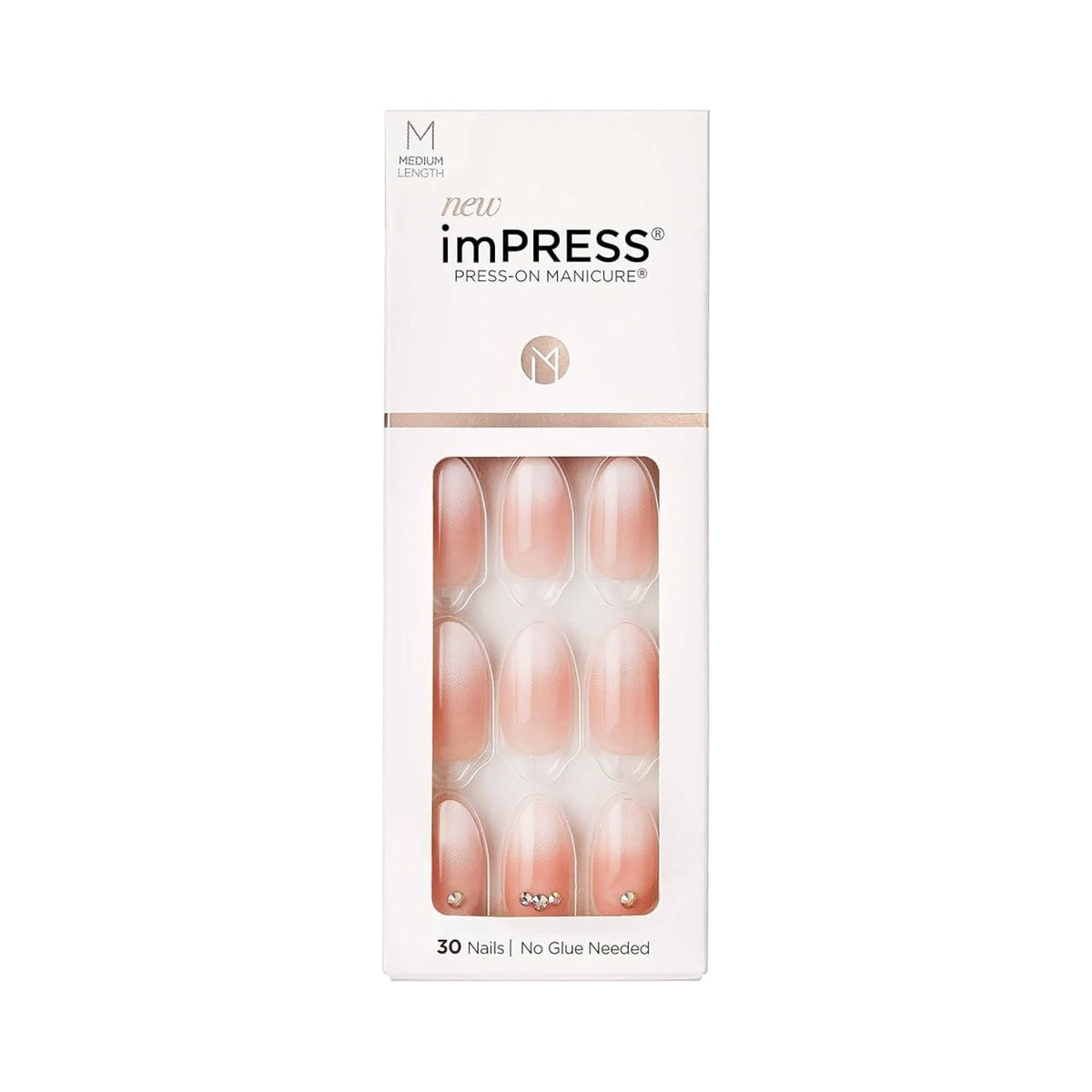 Refect Beauty KISS imPRESS medium length press-on nails in Awestruck featuring a glossy ombre design with rhinestones.
