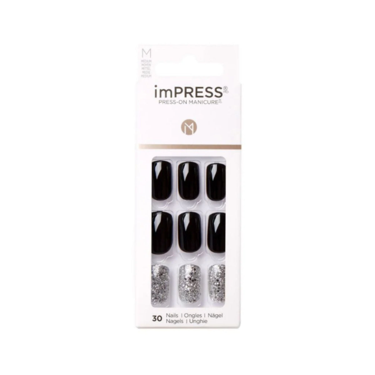 Refect Beauty KISS imPRESS medium length press-on nails in black and silver glitter finish in retail packaging.