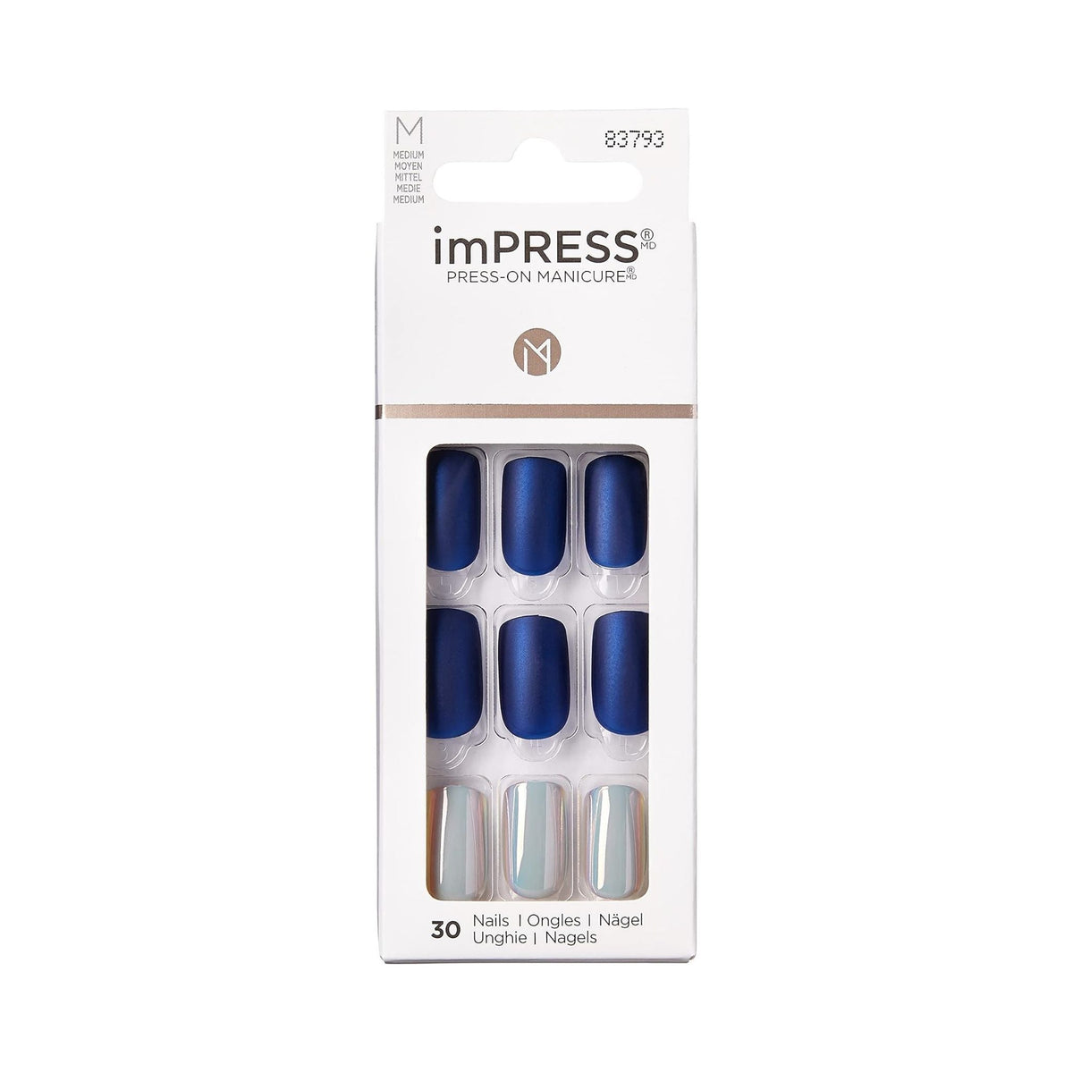 Refect Beauty KISS imPRESS Daydream medium almond press-on nails in matte blue and iridescent finishes