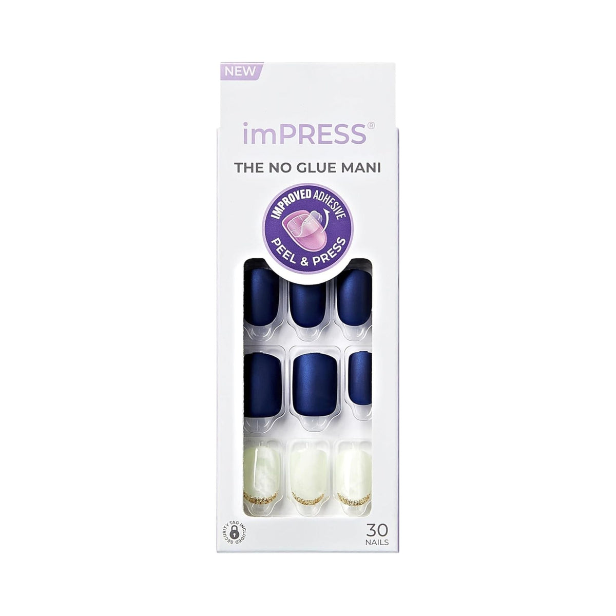 Refect Beauty KISS imPRESS Chasing Stars press-on nails in navy blue and white with gold glitter accents in packaging