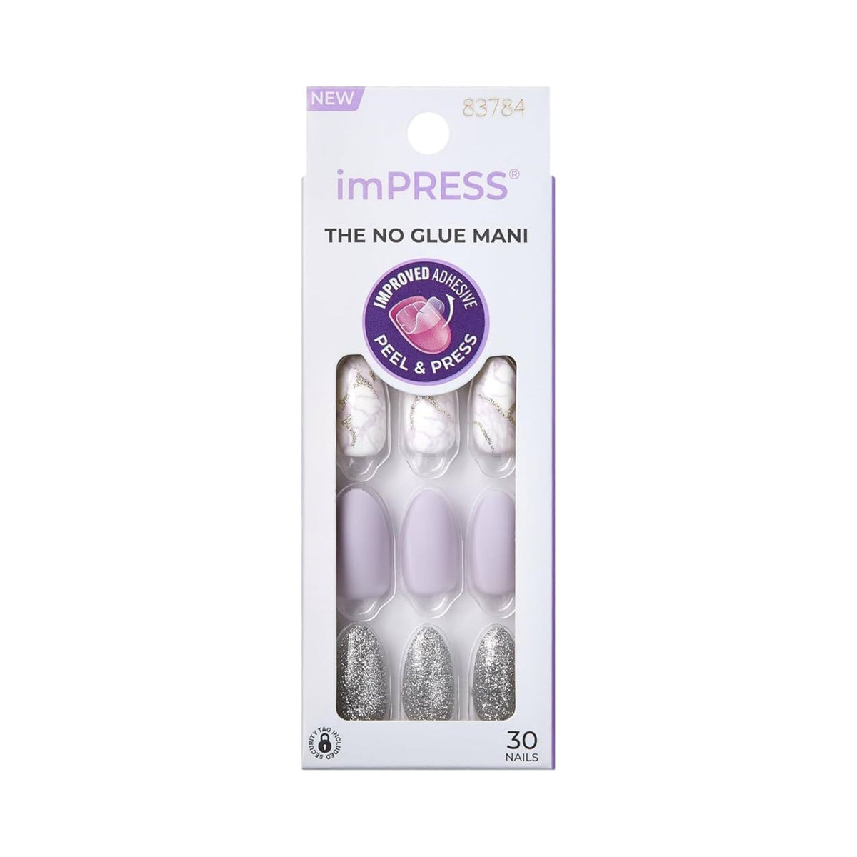 Refect Beauty KISS imPRESS Climb Up press-on nails featuring white marble, matte lavender, and silver glitter designs.