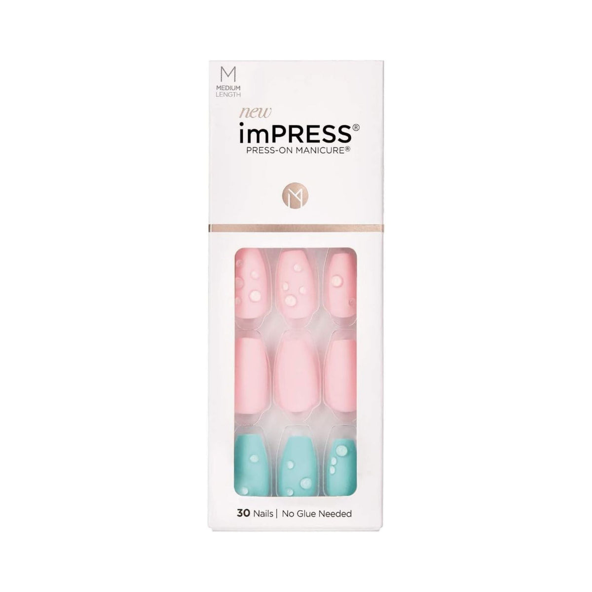 Refect Beauty Kiss imPRESS Dew Drop medium square press-on nails in pink and blue with 3D water droplet accents.