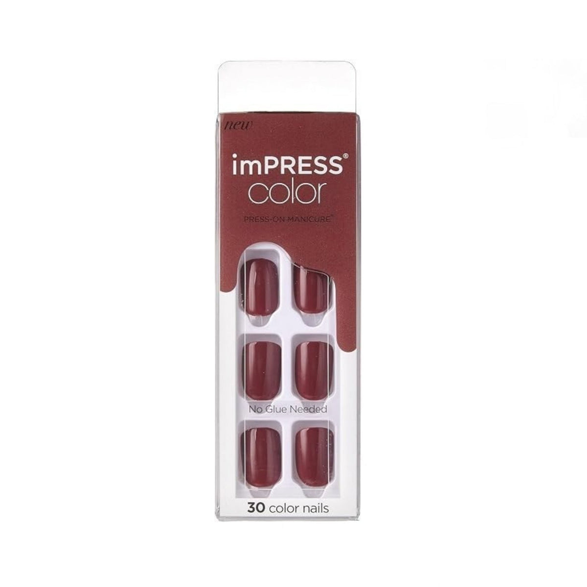 Refect Beauty KISS imPRESS Color press-on nails in deep espresso brown with a glossy finish in 30-piece kit packaging