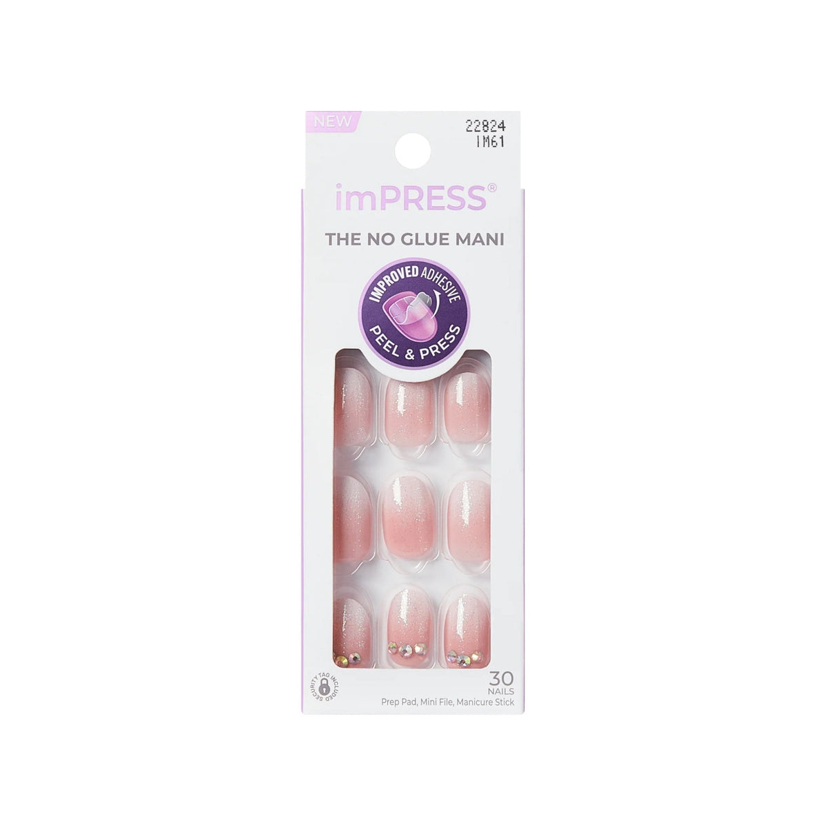 Refect Beauty KISS imPRESS Even Better press-on nails with a pink ombre glitter finish and rhinestone accents.