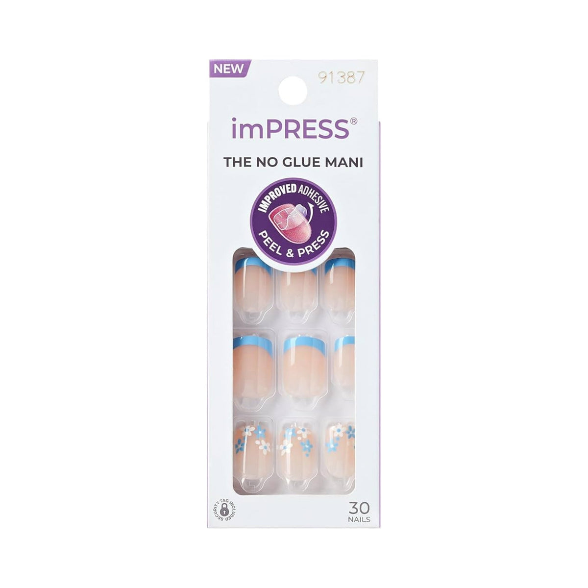 Refect Beauty KISS imPRESS press-on nails in Snooze featuring a blue French tip and floral accent design.