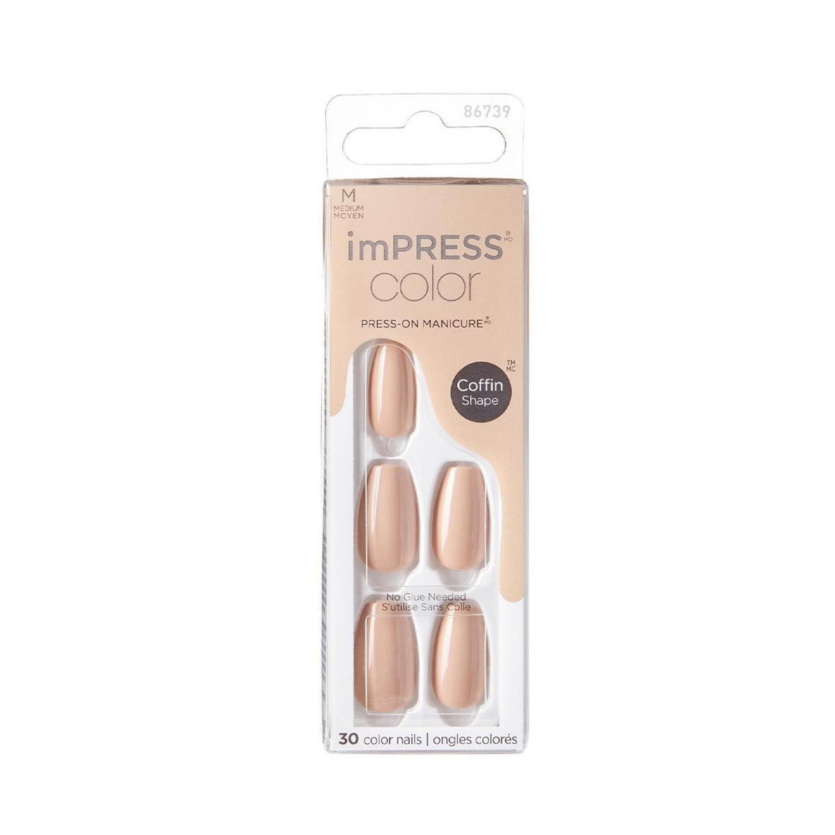 Refect Beauty Kiss imPRESS Color press-on nails in Latte shade, featuring a neutral beige coffin shape manicure kit.