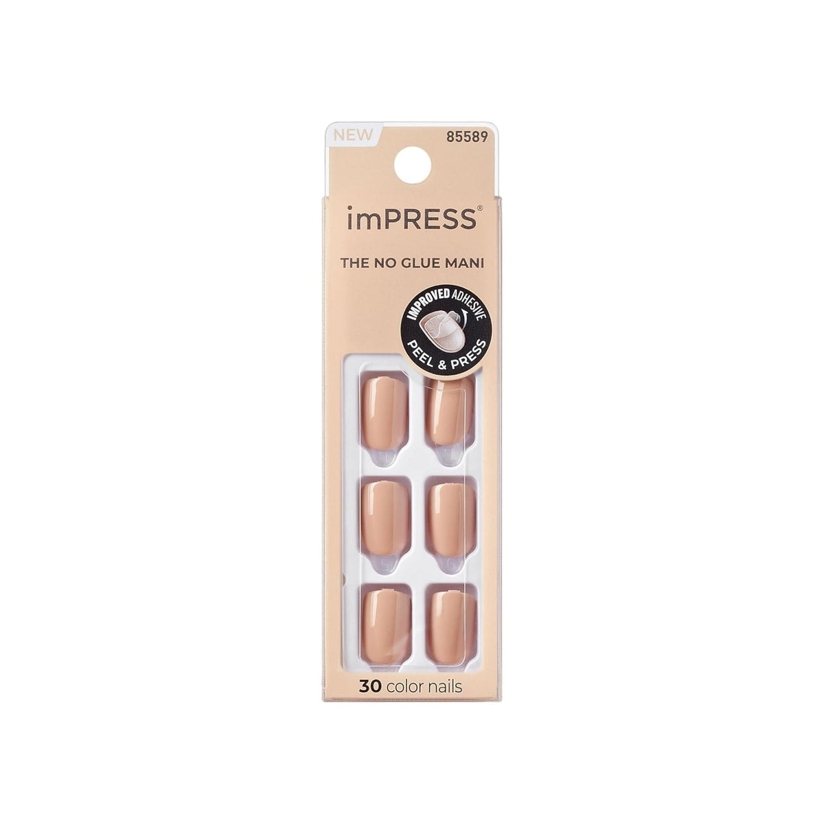 Refect Beauty KISS imPRESS Color press-on nails in a chic latte beige shade, featuring 30 pieces for a salon manicure.