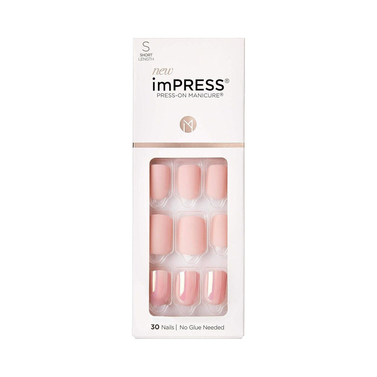 Refect Beauty Kiss imPRESS short length pink press-on nails in white packaging with 30 pieces and no glue needed