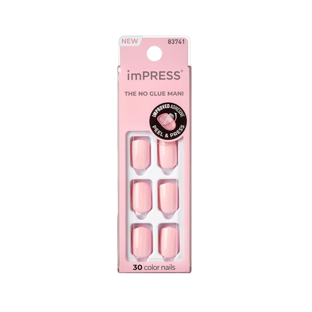 Refect Beauty KISS imPRESS press-on nails in Pick Me Pink, a solid medium-pink shade with a smooth gel-like finish.