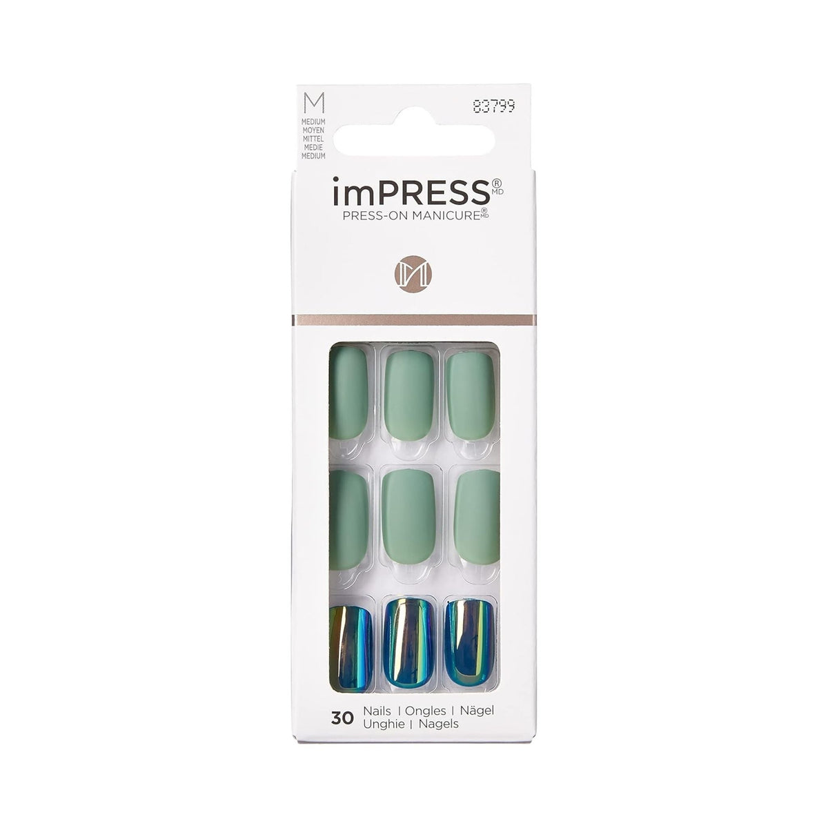 Refect Beauty Kiss imPRESS medium almond press-on nails in matte sage green and metallic iridescent finishes.