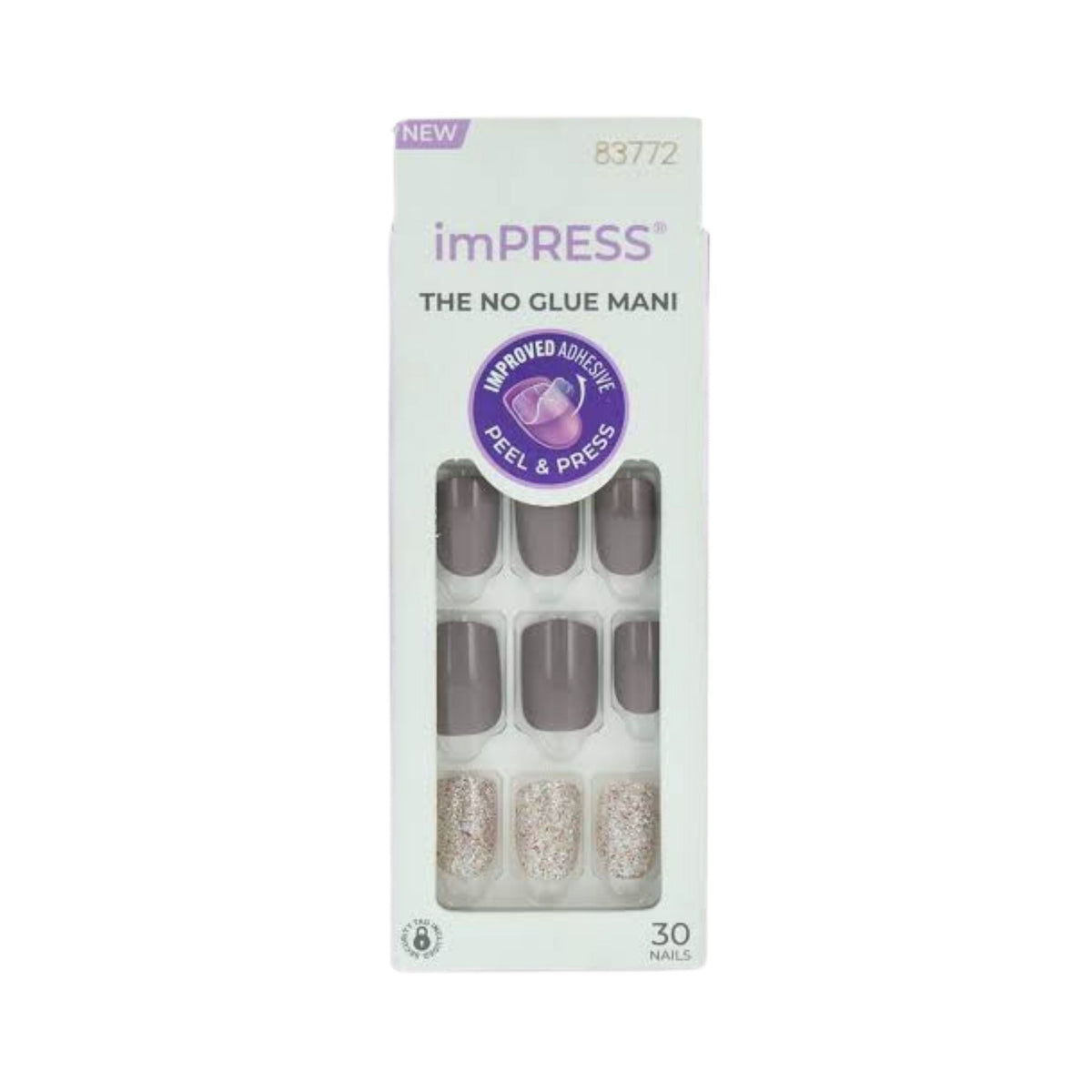 Refect Beauty Kiss imPRESS press-on nails in a medium almond shape with solid grey and glitter accent designs.