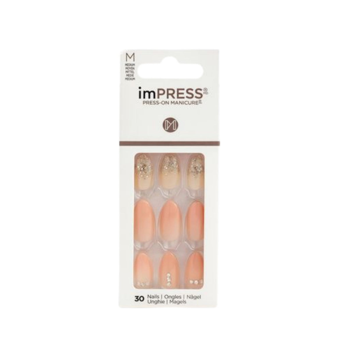 Refect Beauty KISS imPRESS The End press-on nails featuring a peach ombre design with glitter and rhinestone accents.