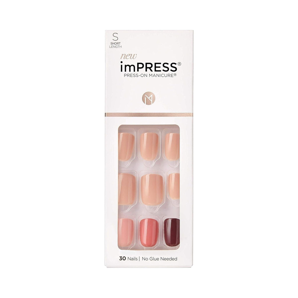 Refect Beauty KISS imPRESS Before Sunset press-on nails in a short squoval shape with a nude and burgundy gradient.