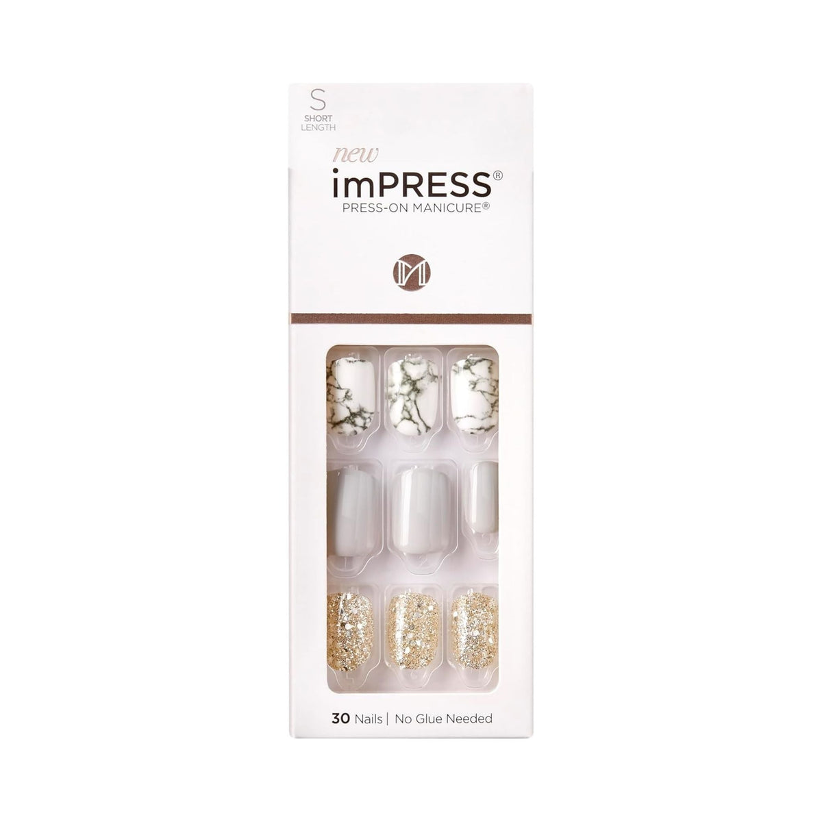 Refect Beauty KISS imPRESS press-on nails in short squoval shape featuring white marble and gold glitter designs.