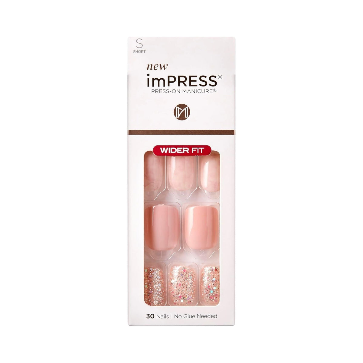 Refect Beauty KISS imPRESS Just Dream wide fit press-on nails in short squoval shape with pink and glitter designs