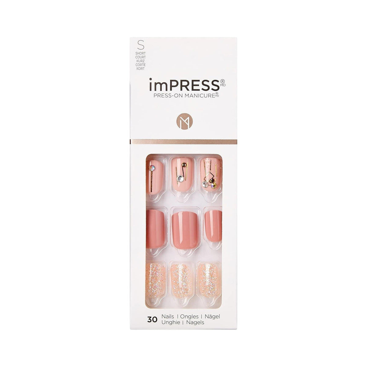 Refect Beauty KISS imPRESS Fine Lines press-on nails in pink with gold accents and glitter in a 30-piece set.