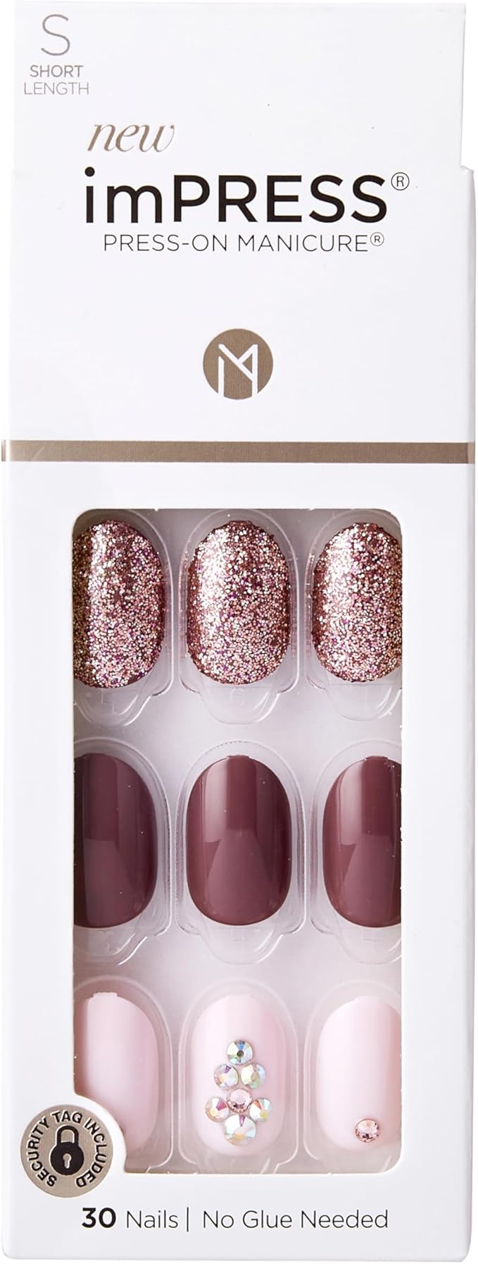 Refect Beauty Kiss imPRESS press-on nails in pink, glitter, and burgundy with rhinestone accents in short length.