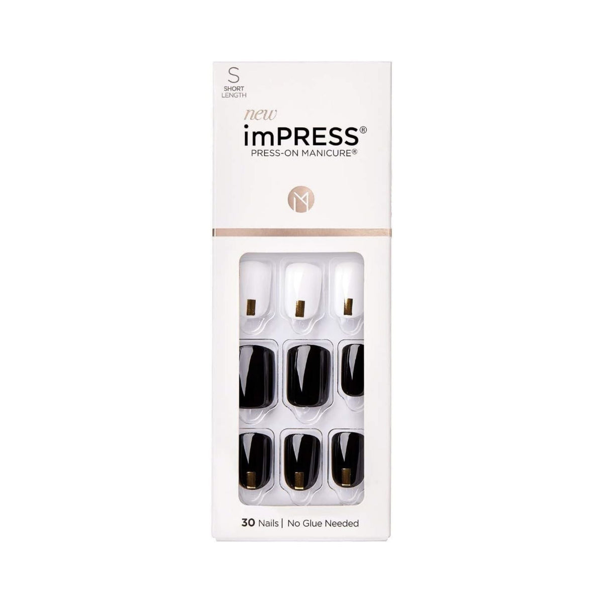 Refect Beauty Kiss imPRESS Midnight Drive press-on nails in black and white with gold accents in packaging