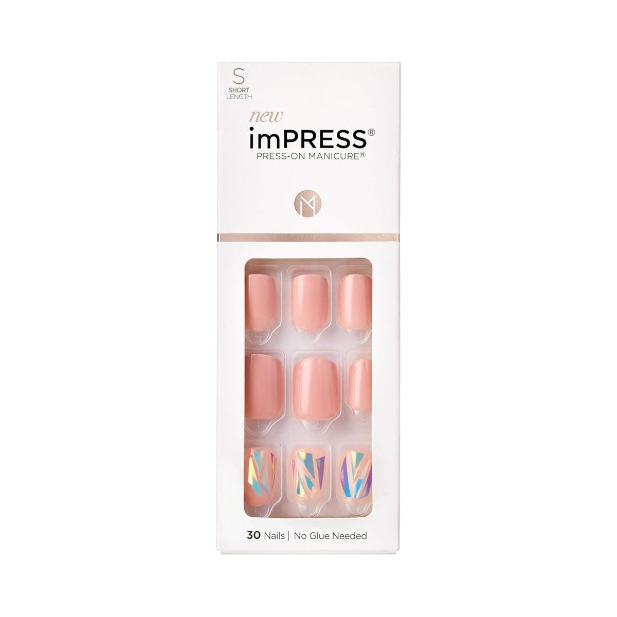 Refect Beauty Kiss imPRESS press-on nails in a soft peach shade with holographic accent nails in a short length.