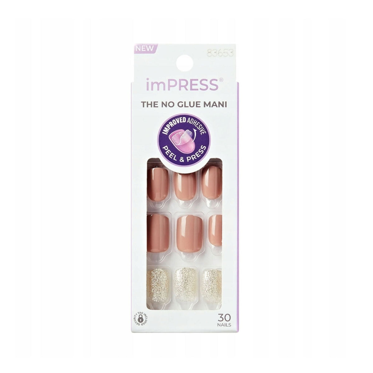 Refect Beauty Kiss imPRESS One More Chance press-on nails in a medium almond shape with nude and glitter finishes.