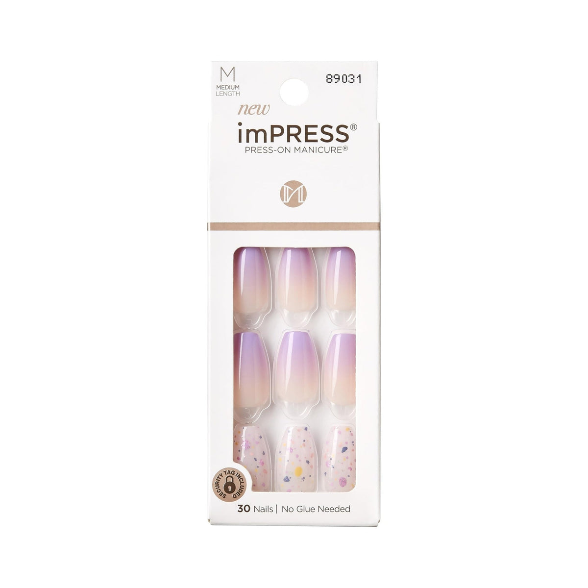Refect Beauty Kiss imPRESS medium coffin press-on nails in a purple ombre and confetti design in retail packaging.