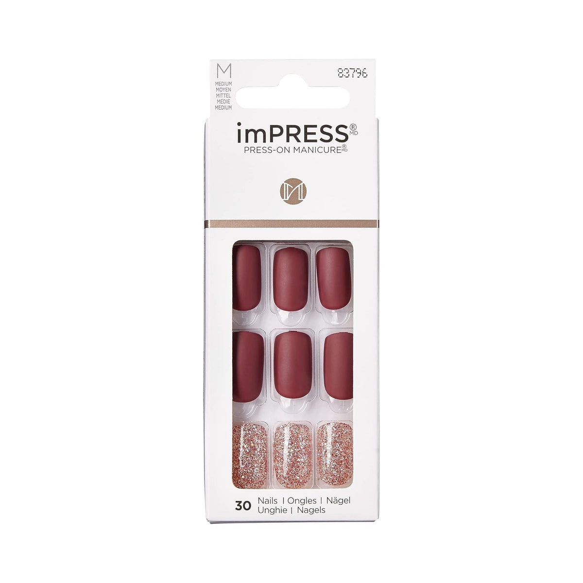 Refect Beauty Kiss imPRESS medium almond press-on nails in matte dark red and glittery rose gold finish.