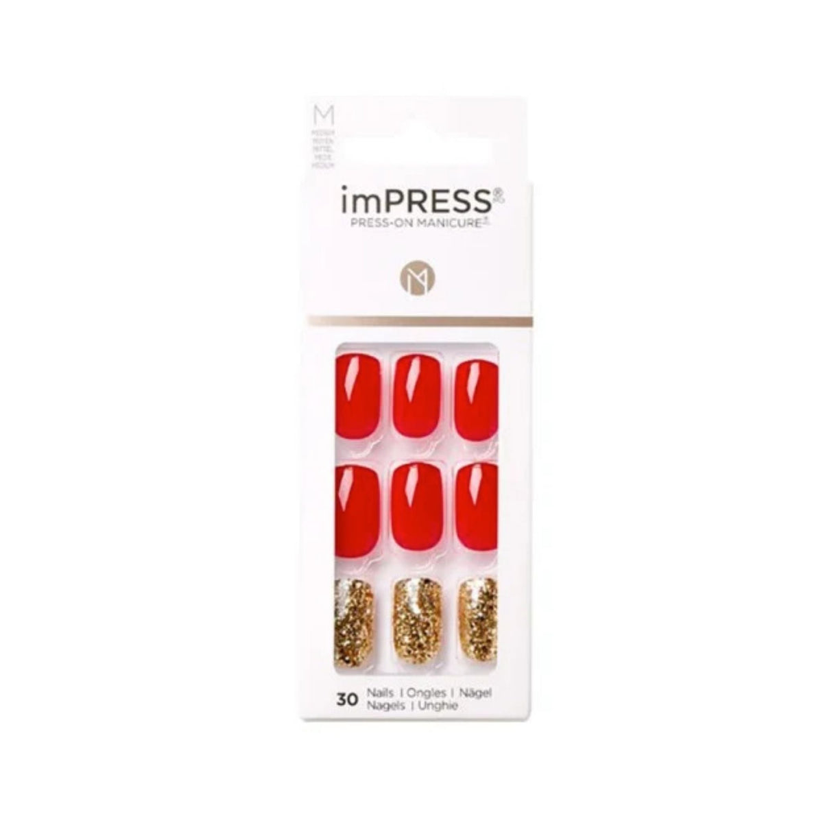 Refect Beauty KISS imPRESS medium length press-on nails in glossy red and gold glitter finish in retail packaging