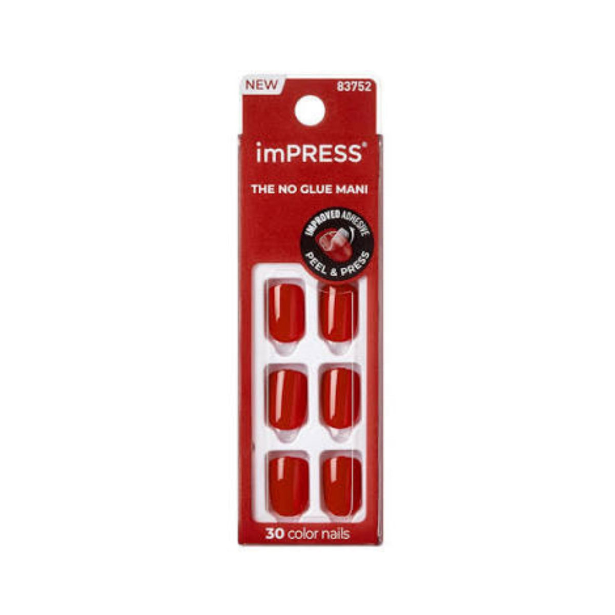 Refect Beauty KISS imPRESS Reddy or Not red press-on nails in packaging with 30-piece kit and glossy finish