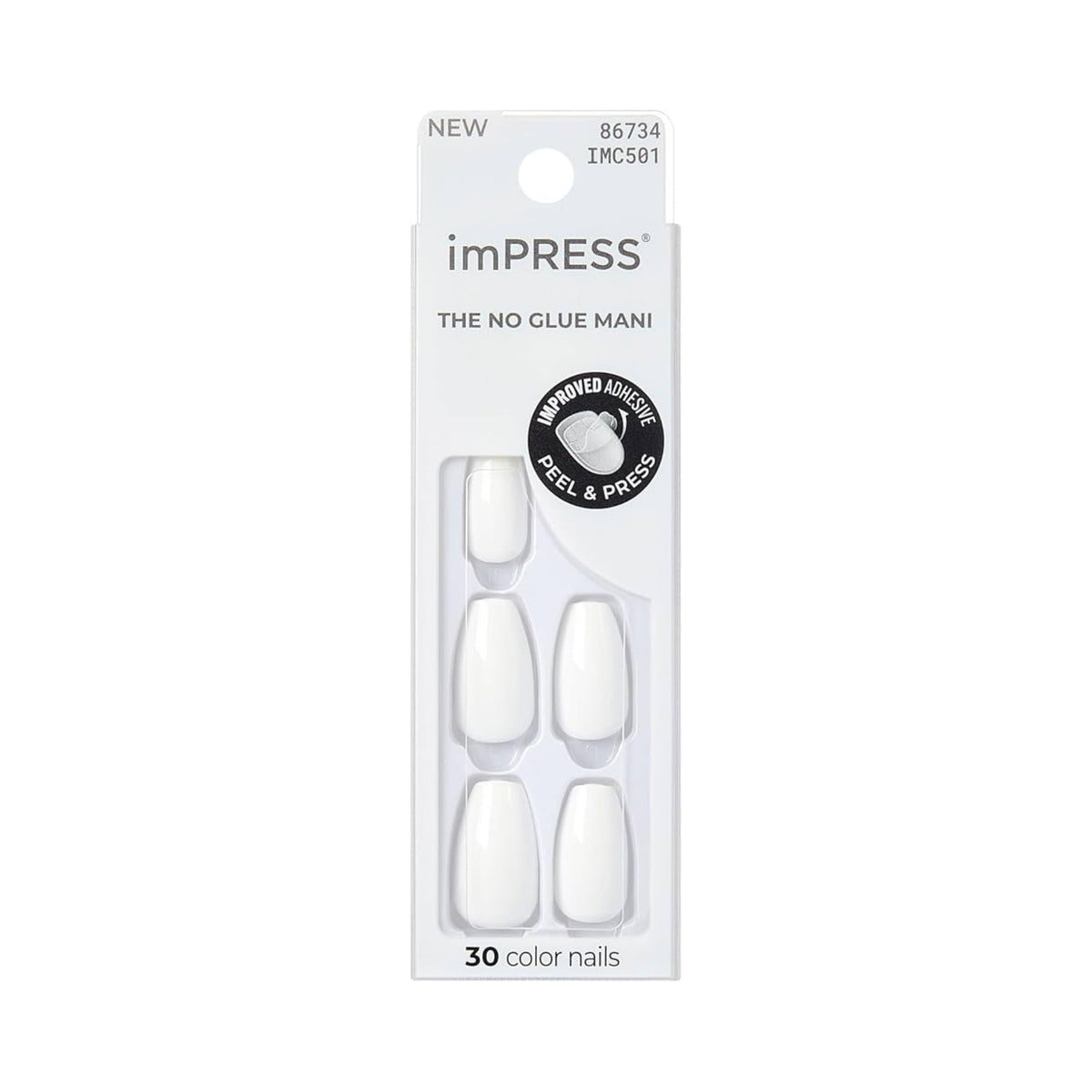 Refect Beauty KISS imPRESS Color press-on nails in Frosting, a short squoval white manicure kit with 30 pieces.