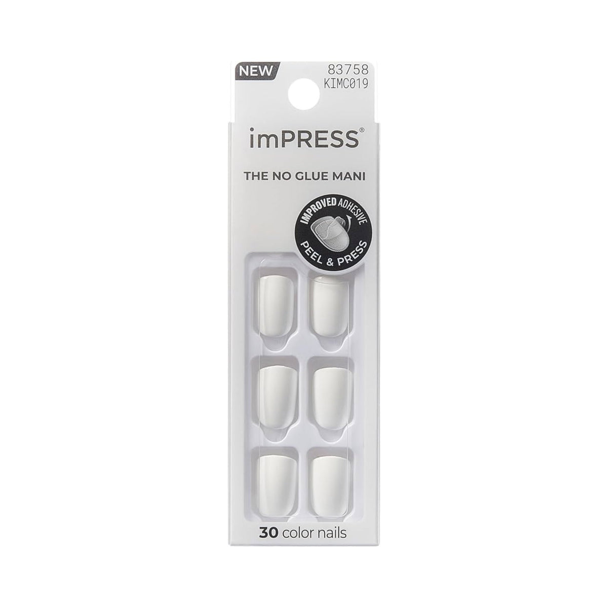 Refect Beauty KISS imPRESS Color press-on nails in Frosting, a crisp white short squoval set with adhesive backing.