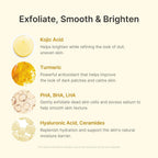Refect Beauty infographic showing key ingredients Kojic Acid, Turmeric, PHA, BHA, LHA, Hyaluronic Acid, and Ceramides.