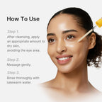 Refect Beauty Medicube Kojic Acid Turmeric Peel Shot serum being applied to a woman's cheek with a yellow dropper