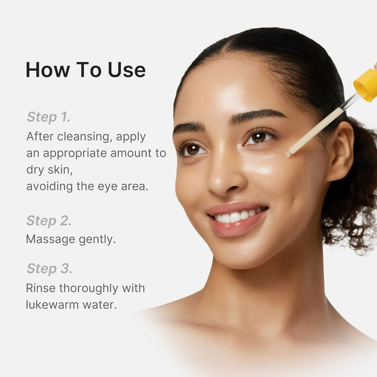 Refect Beauty Medicube Kojic Acid Turmeric Peel Shot serum being applied to a woman's cheek with a yellow dropper