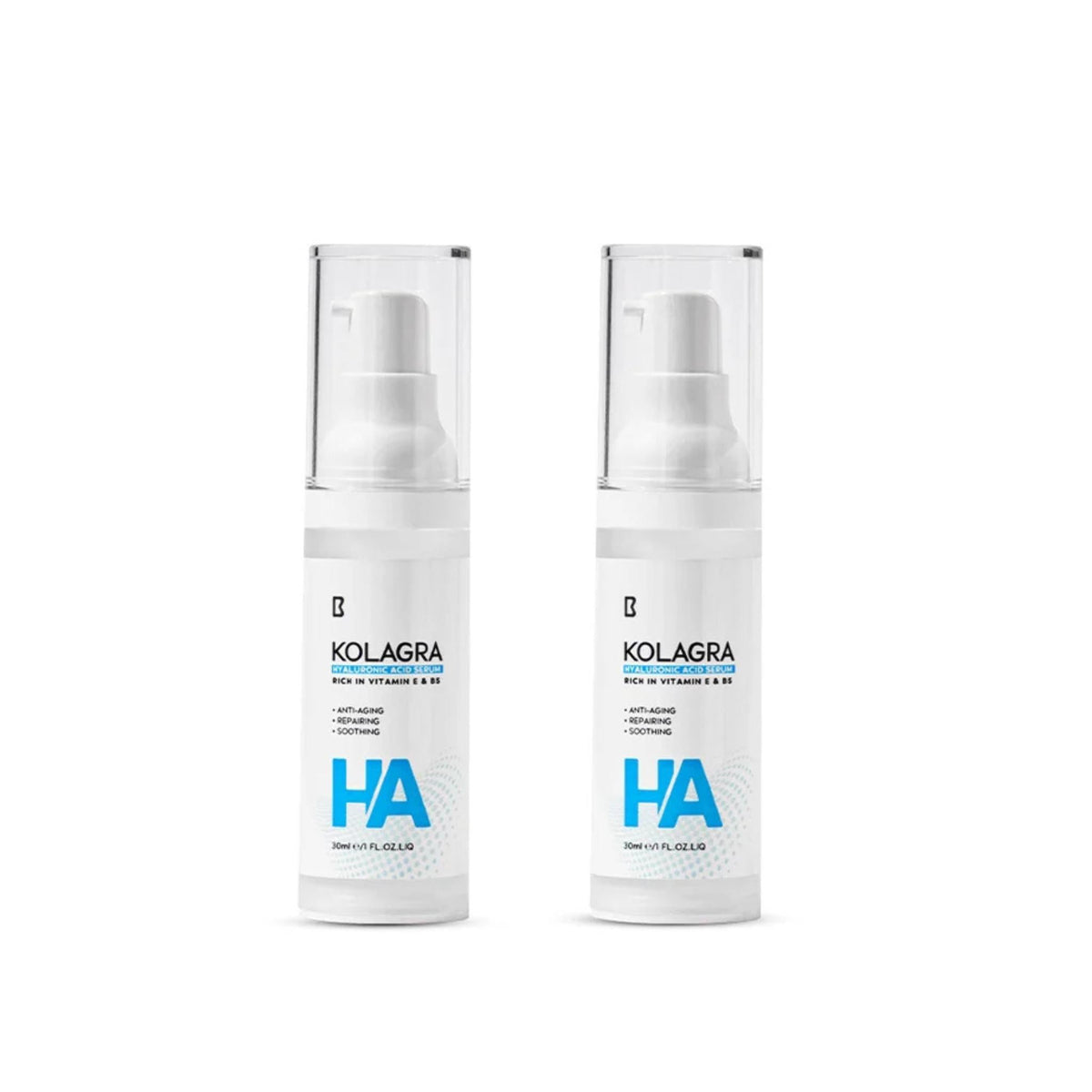 Refect Beauty Kolagra Hyaluronic Acid Serum 1+1 set featuring two white pump bottles for intense skin hydration.