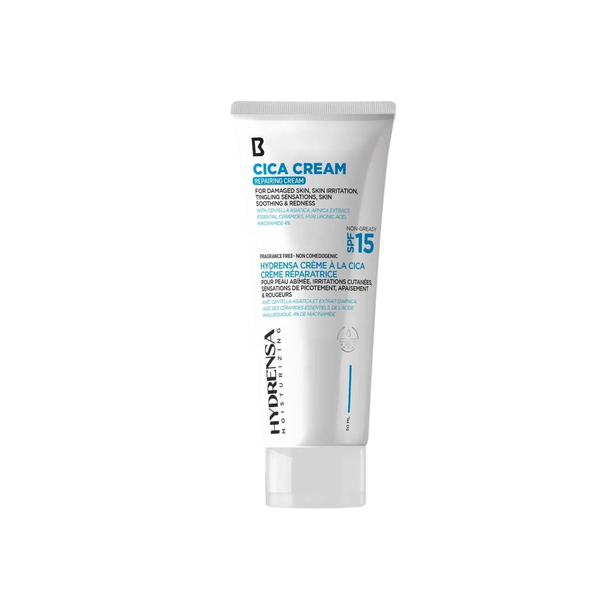 Refect Beauty Kolagra HYDRENSA CICA repairing cream with SPF 15 in a white squeeze tube for sensitive skin.
