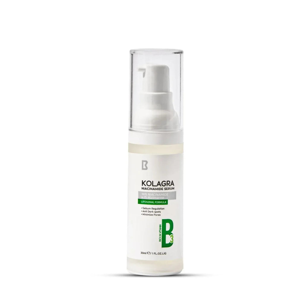 Refect Beauty Kolagra 10% Niacinamide Vitamin B3 serum in a pump bottle for oil control and skin texture refinement.