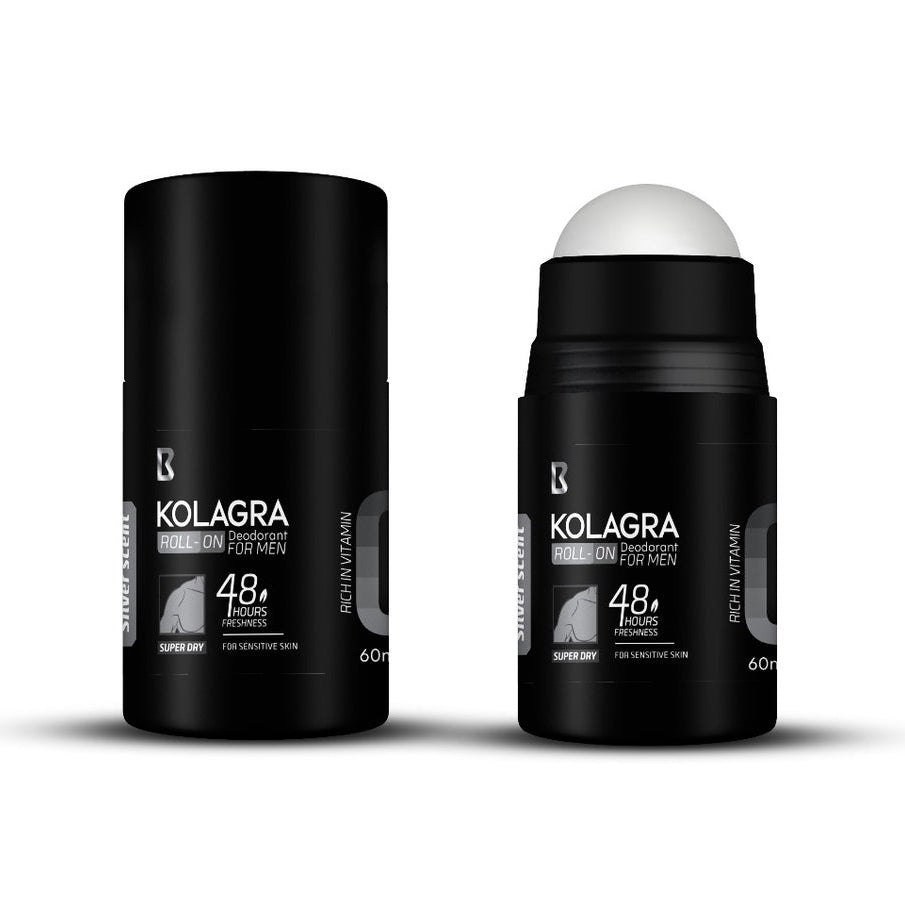 Refect Beauty Kolagra 48H roll-on deodorant for men in Silver Scent with black packaging and white text