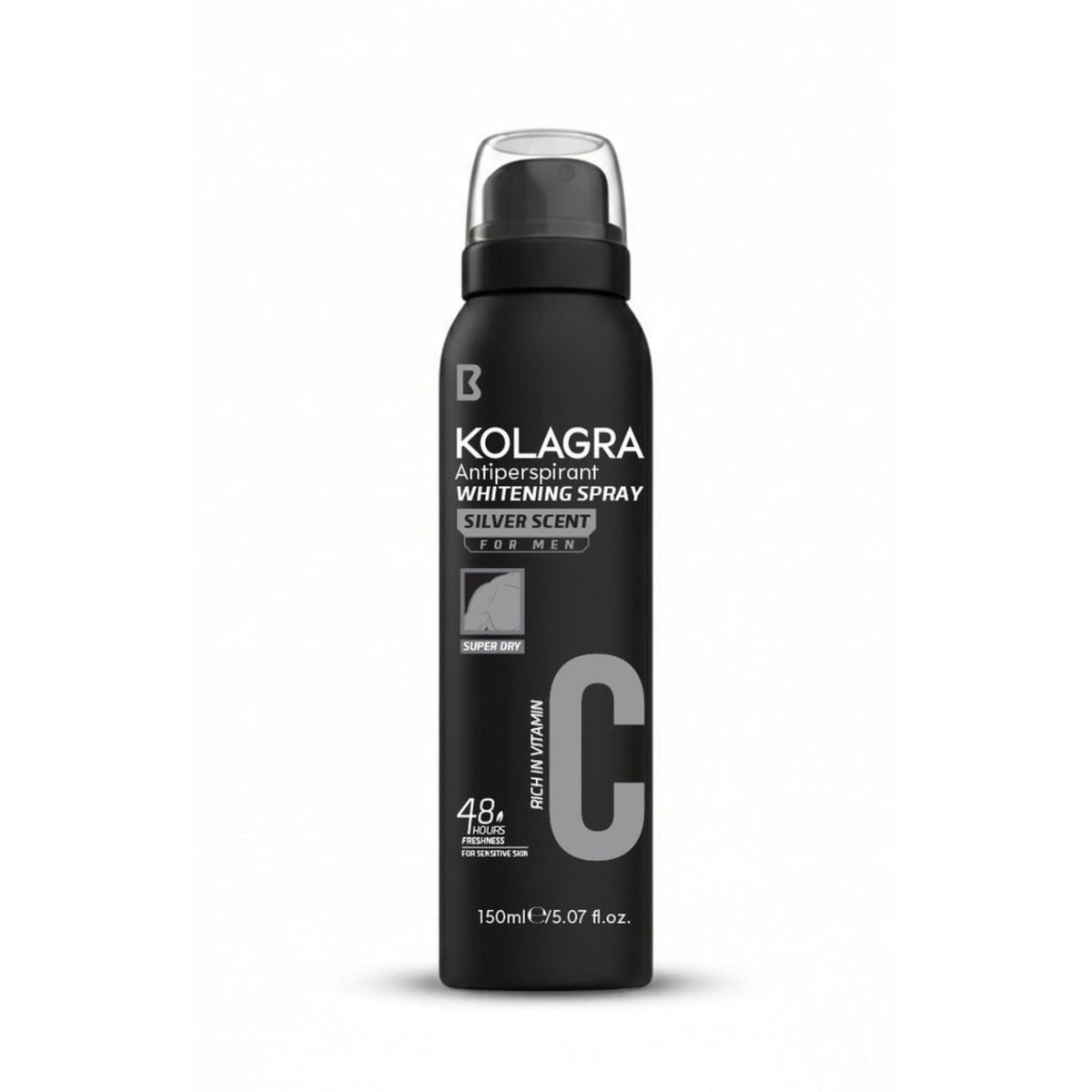Refect Beauty Kolagra Silver Scent antiperspirant whitening body spray for men in a black 150ml aerosol bottle