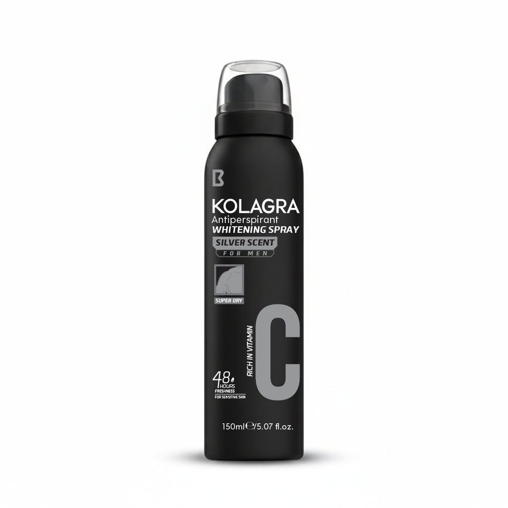 Refect Beauty Kolagra Silver Scent antiperspirant whitening body spray for men in a black 150ml aerosol bottle