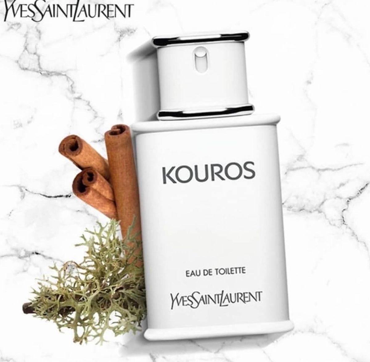 Refect Beauty Yves Saint Laurent Kouros Eau de Toilette bottle with cinnamon sticks and oakmoss on marble background