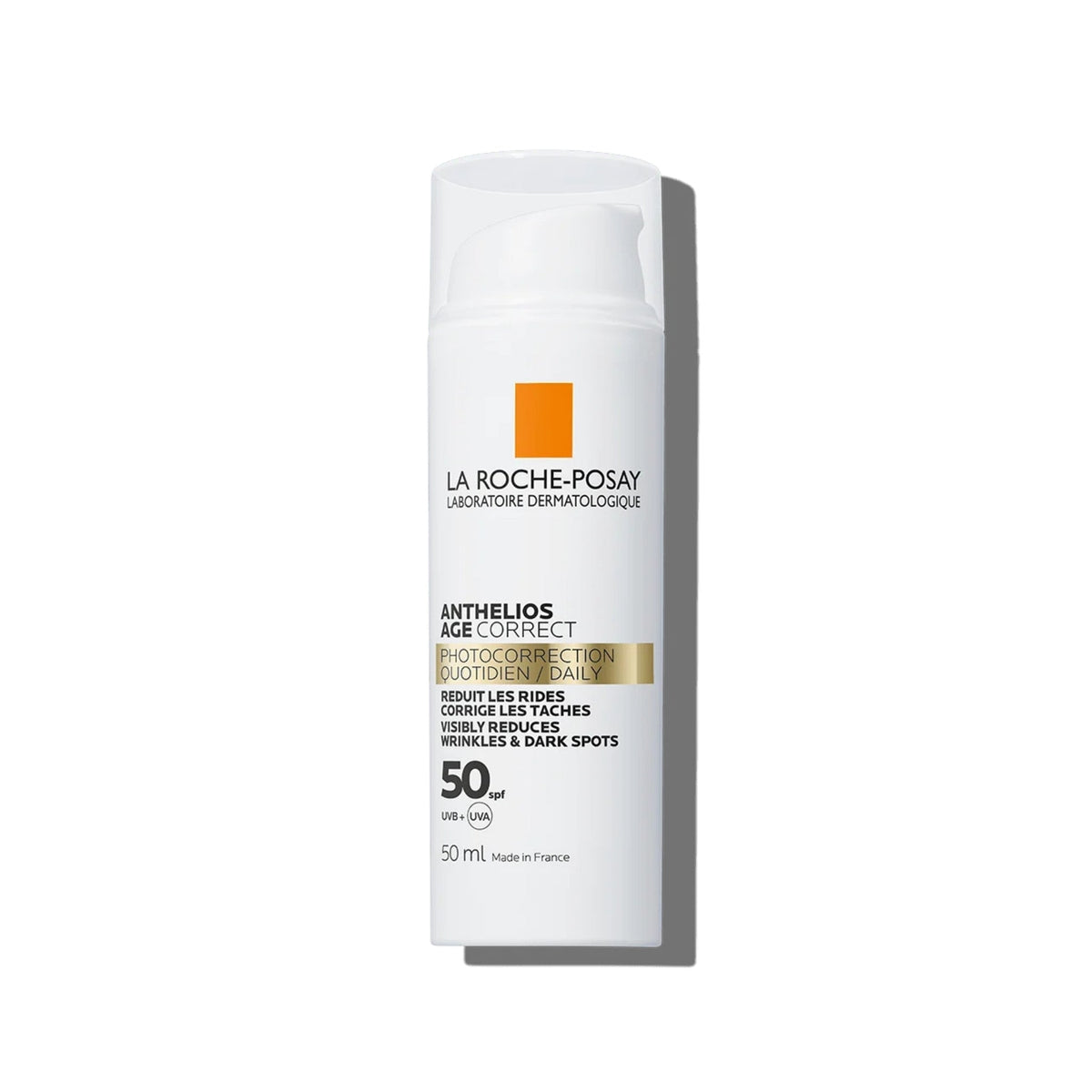 Refect Beauty La Roche-Posay Anthelios Age Correct SPF 50+ anti-ageing sunscreen in a 50ml white pump bottle.