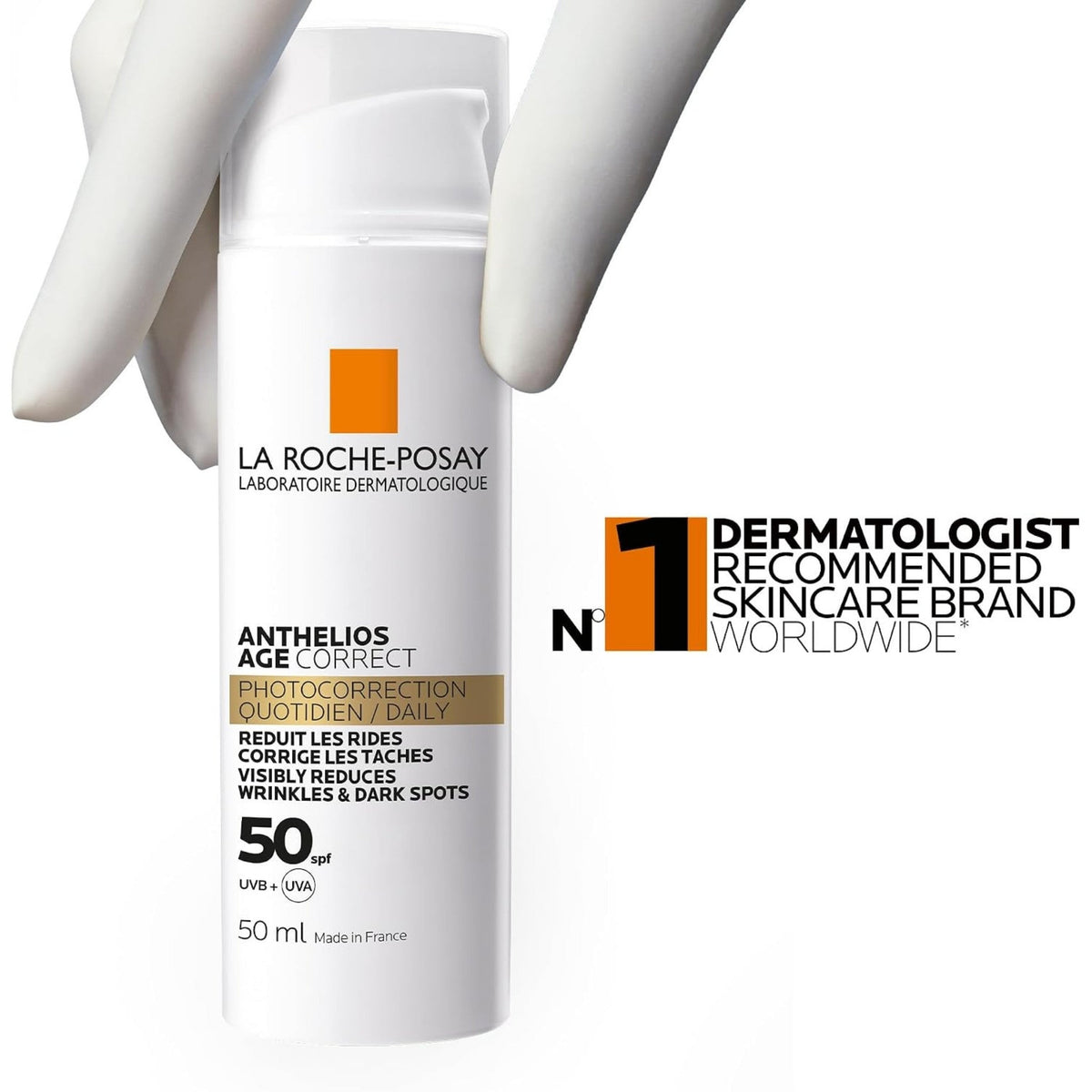 Refect Beauty La Roche-Posay Anthelios Age Correct SPF 50+ sunscreen bottle held by a gloved hand