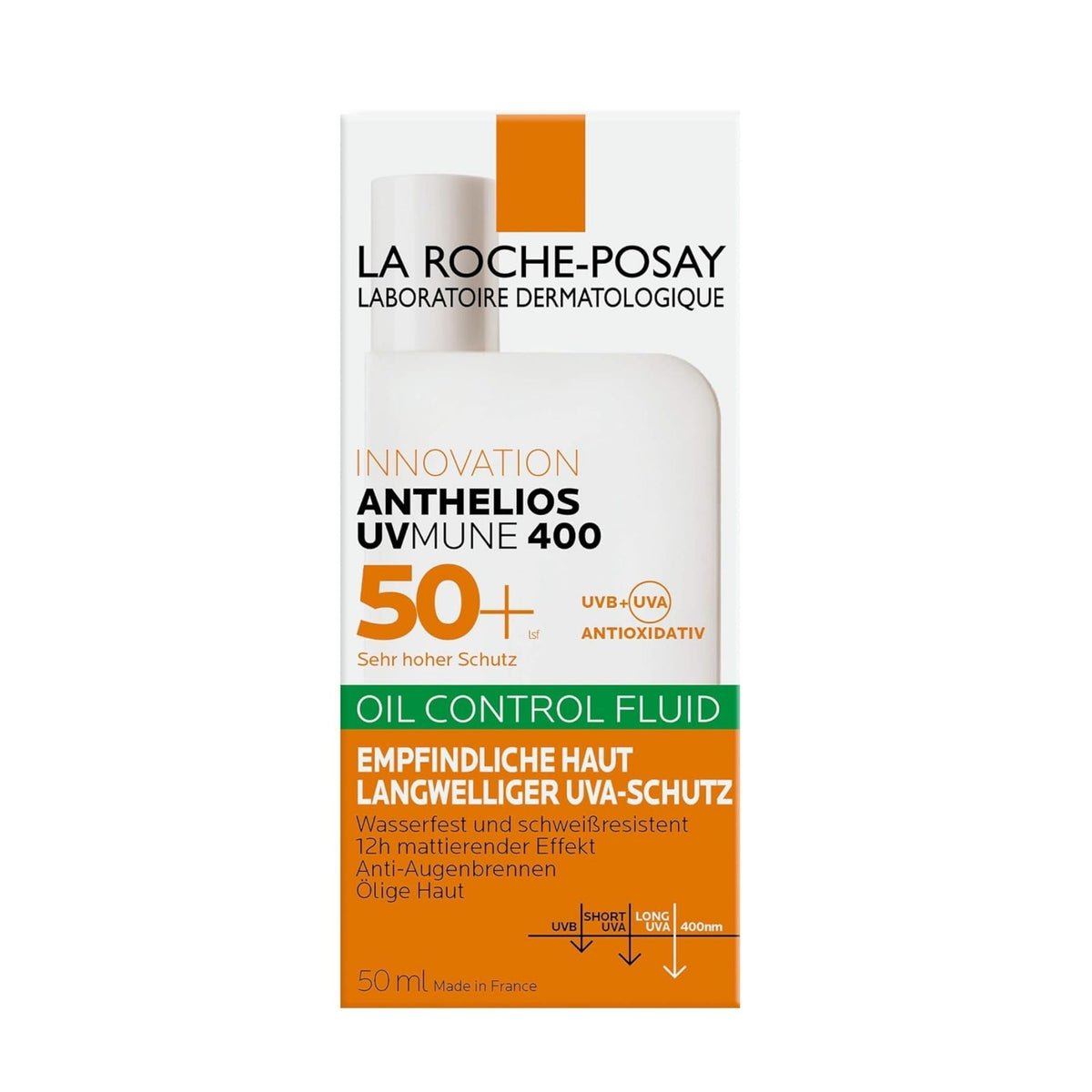 Refect Beauty La Roche-Posay Anthelios UVMune 400 SPF 50+ oil control sunscreen fluid in white and orange packaging.