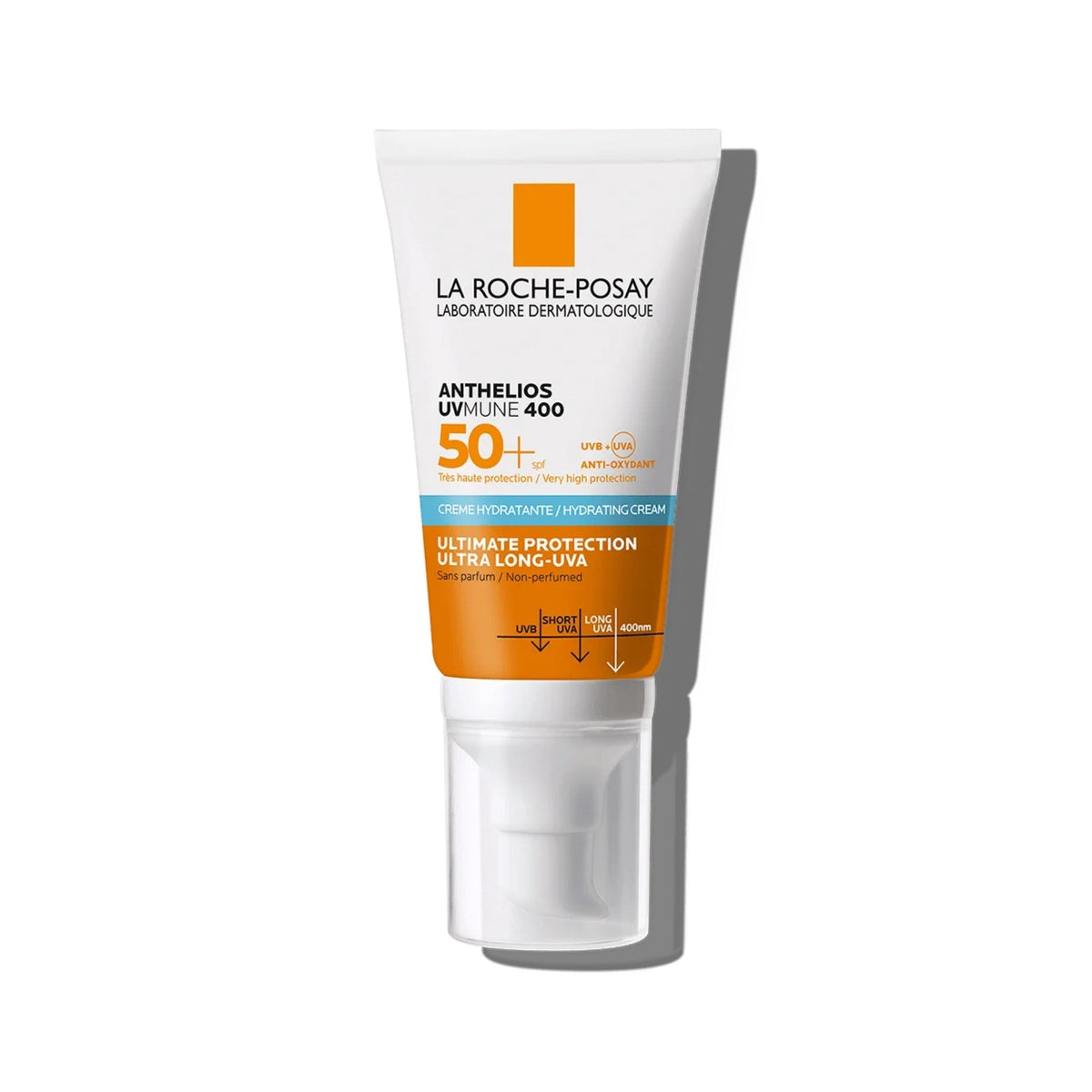 Refect Beauty La Roche-Posay Anthelios UVMune 400 Hydrating Cream SPF50+ sunscreen in a white pump bottle.